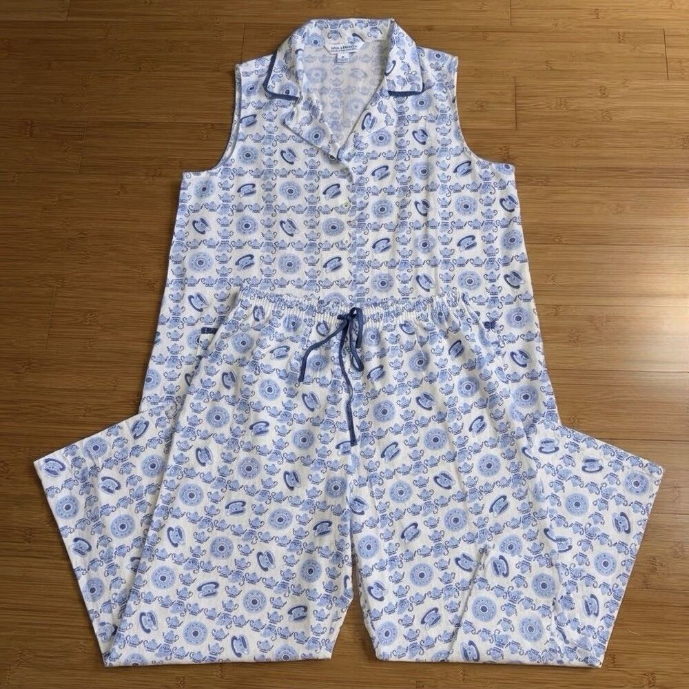 April Cornell Teatime Pajama Set M Blue Teacup Sleeveless Top Crop Pants